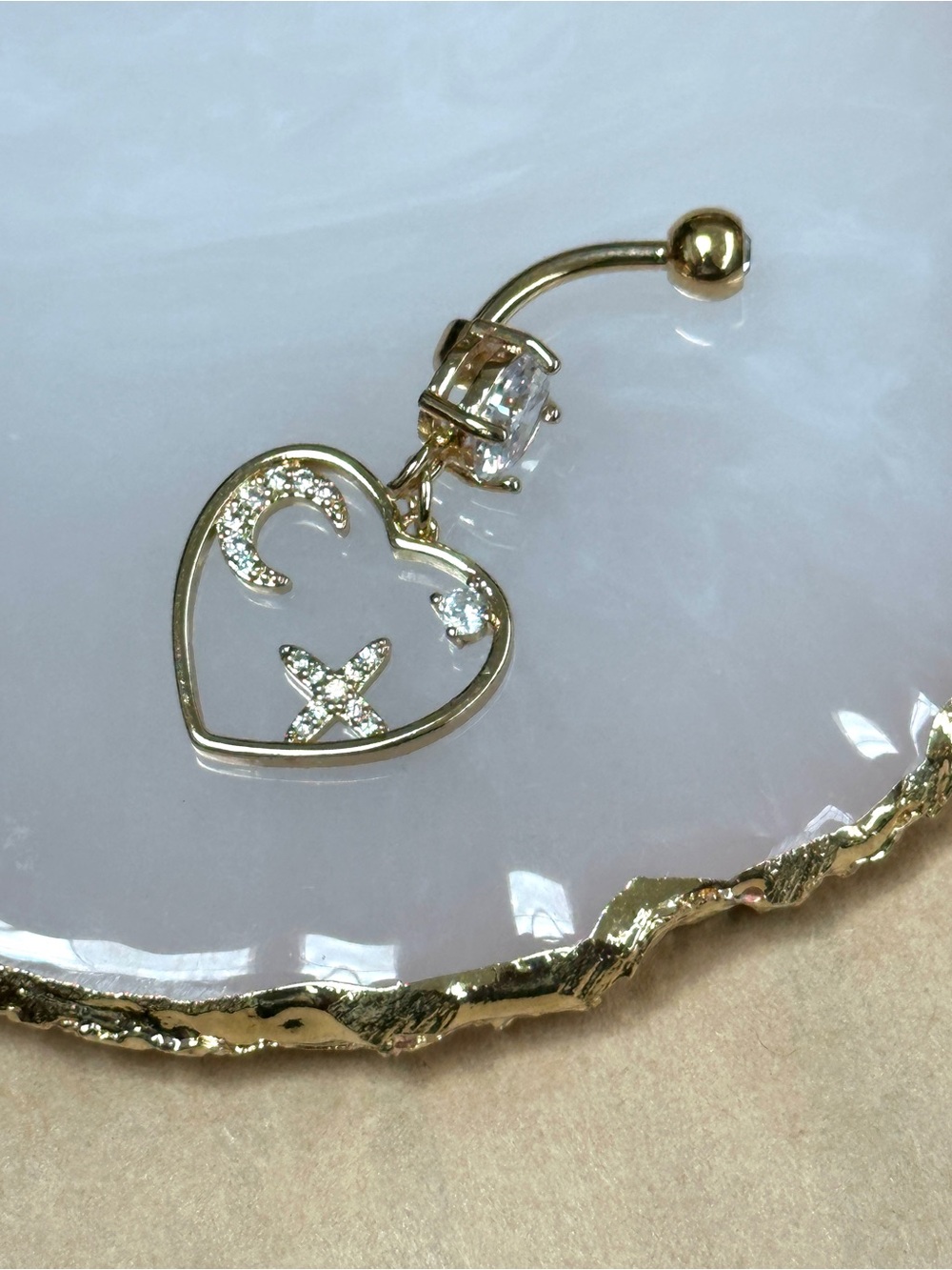 Gold Plated gem moon and star heart dangle belly button ring navel ring 14g new
